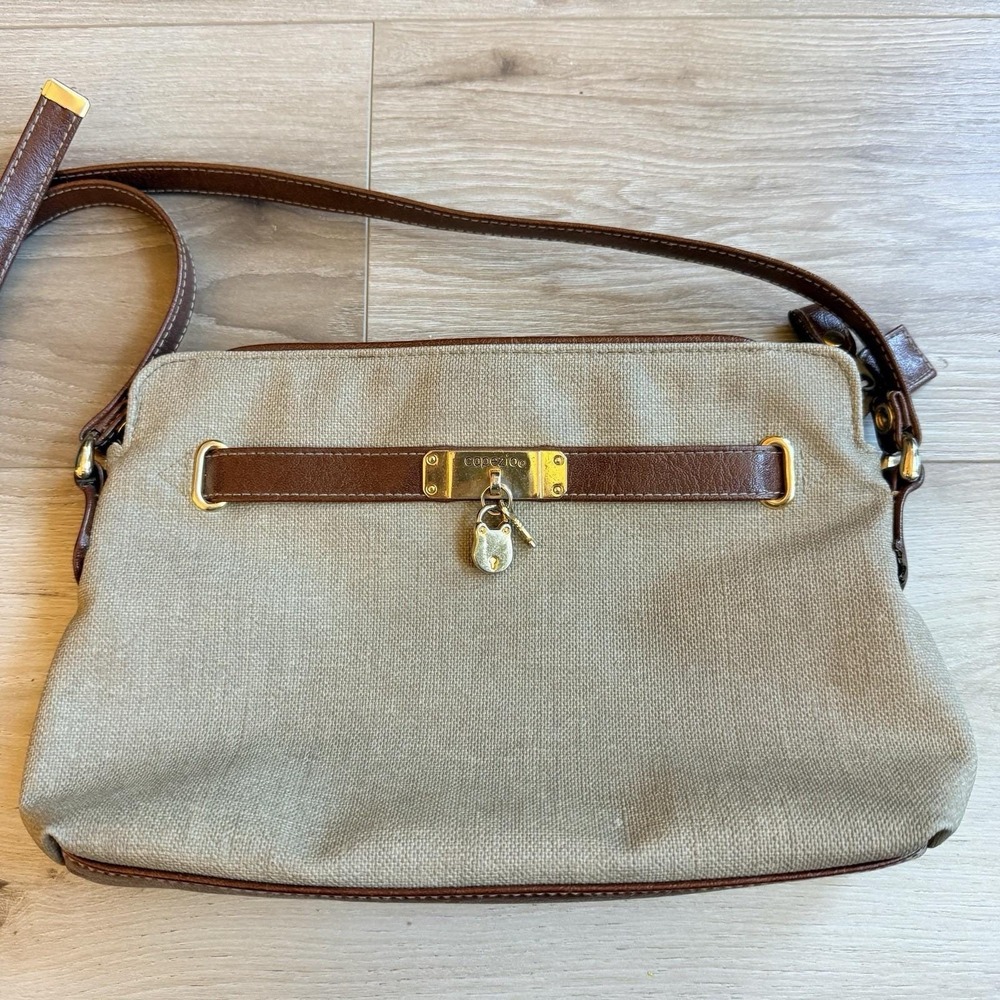 Vintage Capezio Tan And Brown Crossbody Purse Gold Lock And Key Accent